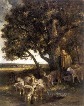 A Shepherdess with Her Flock by a Pool animalier Charles Emile Jacque Oil Paintings